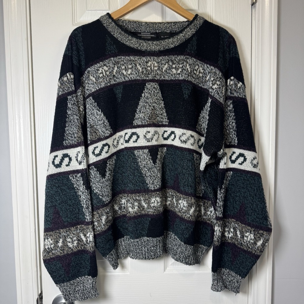 VTG 90s Expressions Wild Geometric‎ Colorful Sweater Adult Large Dad Style